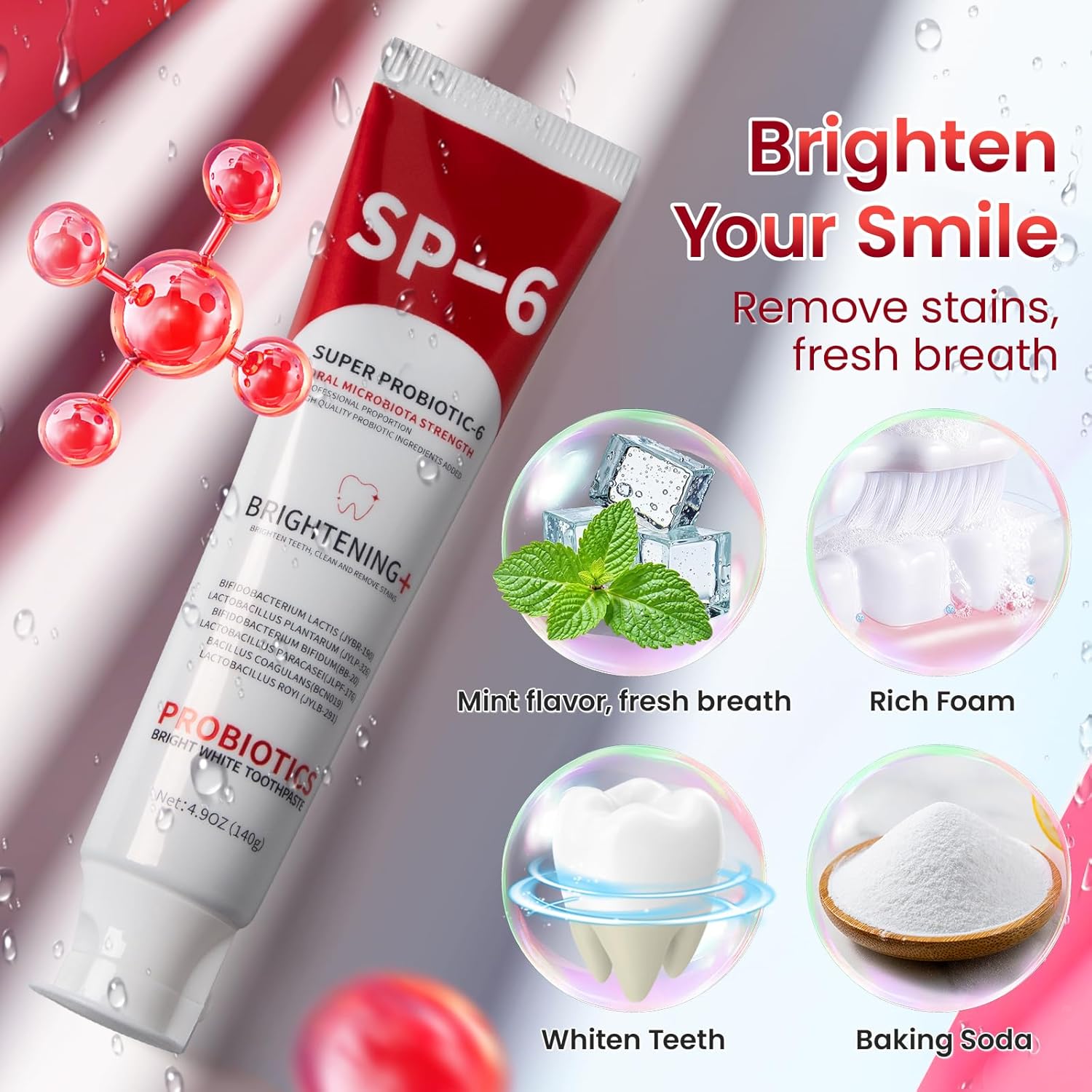 SP-6 Probiotic Whitening Toothpaste, SP-6 Probiotic Toothpaste, Enhanced Formula with 6 Probiotics for Teeth Whitening/Brightening, Enamel-Safe, Fluoride-Free, Fresh Mint Flavor, 4.9oz (1)