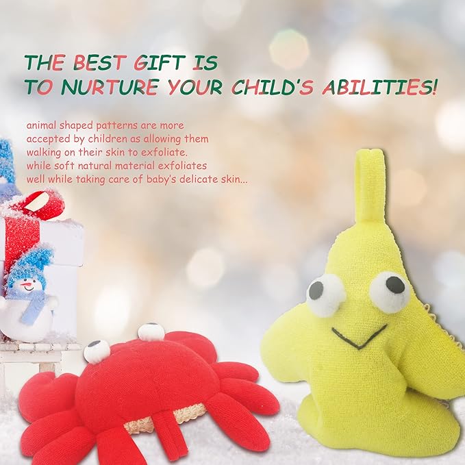 (2 Pack) Animal Body Scrubber Natural Linen Shower Ball for Toddler Kids Gentle Exfoliating Bath Sponge Loofah Pouf in Yellow Starfish Red Crab with Cute Big Eyes Design