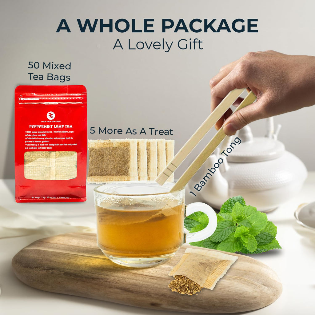 INJOY YOUR VITALGRI:N Peppermint Tea Bags - 55 Count (+5 Tea Bags) Bamboo Tong Included - 5.96 oz, Re-Steep Herbal Tea, Cool Fresh Breath, Warm Heat, Stomach Relief, Relax, Digestive Support, Mint