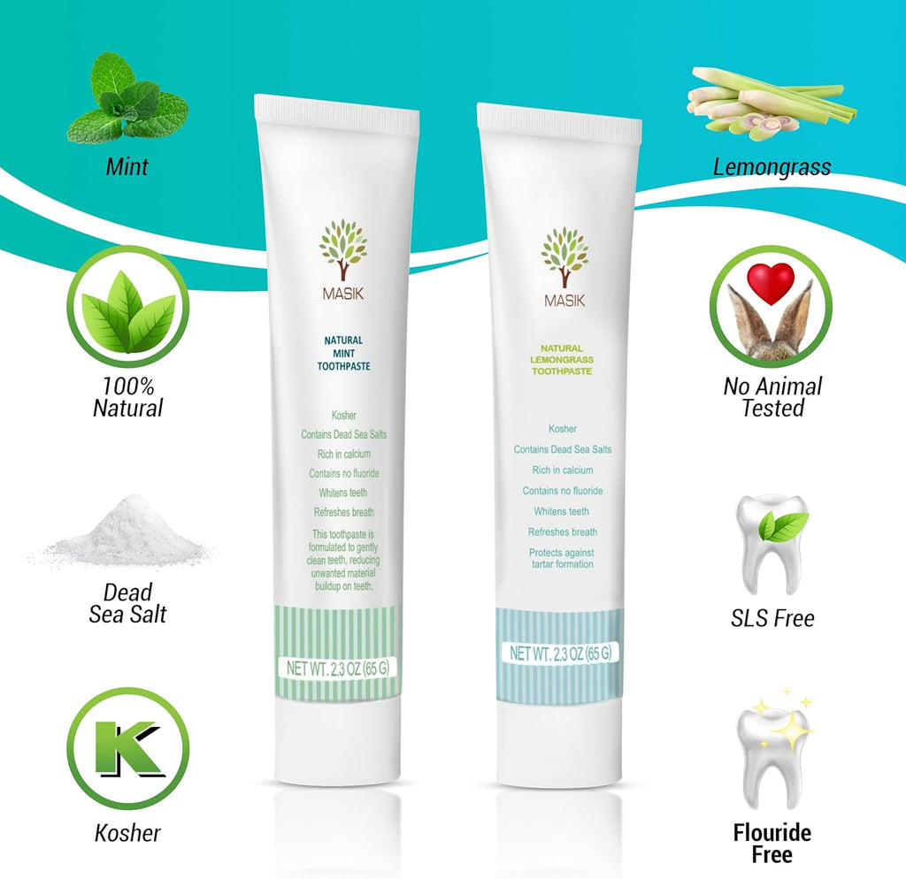 Masik Natural Mint Toothpaste – Whitening & Sensitive Teeth | Dead Sea Salt | Stain & Plaque Remover | Bleeding Gums & Canker Sore Care | Fluoride & SLS-Free | Non-Foaming | Made in Israel