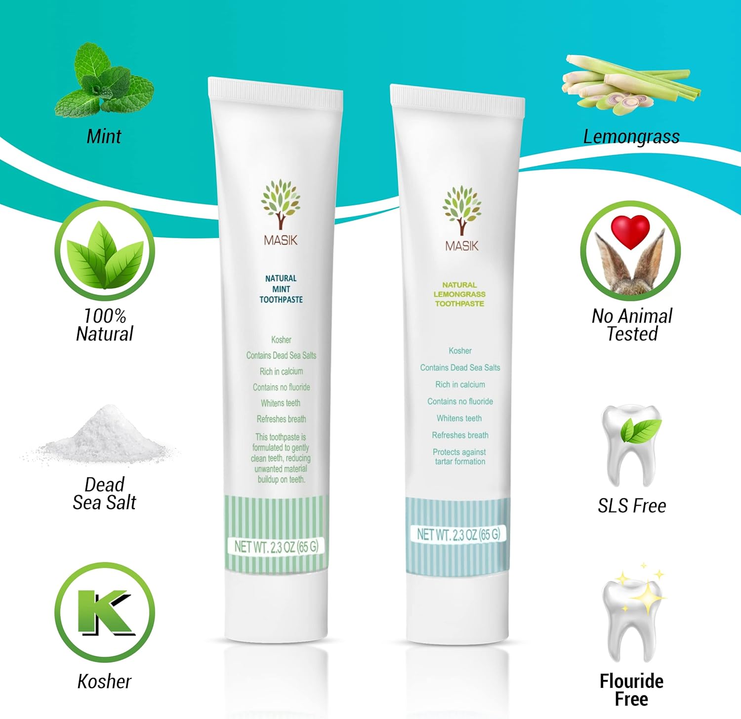 Masik Natural Mint Toothpaste – Whitening & Sensitive Teeth | Dead Sea Salt | Stain & Plaque Remover | Bleeding Gums & Canker Sore Care | Fluoride & SLS-Free | Non-Foaming | Made in Israel