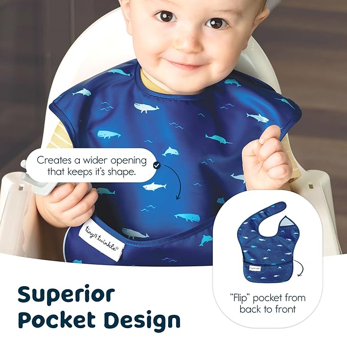 Tiny Twinkle Mess-Proof Baby Bibs for Eating | Waterproof, Wipeable Toddler Bibs with Catch-All Pocket | Feeding Bibs for Girls & Boys(3 Pack,Sea, Dino)