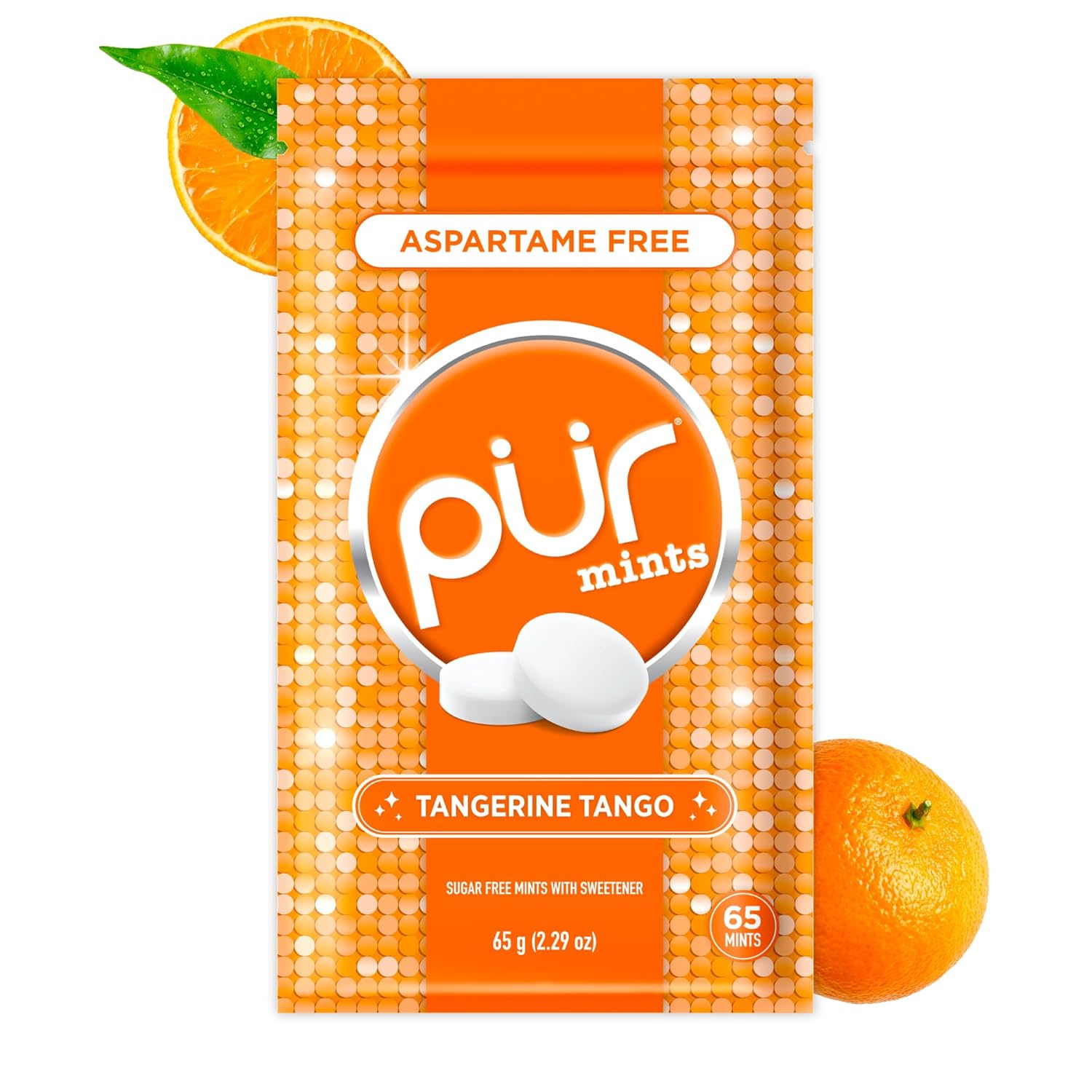 PUR Mints | Aspartame Free Breath Mints | Made with Xylitol | Sugar Free, Vegan, Gluten Free | Natural Tangerine Tango Flavor | 65 Pieces in Re-Sealable pouch (Pack of 1)