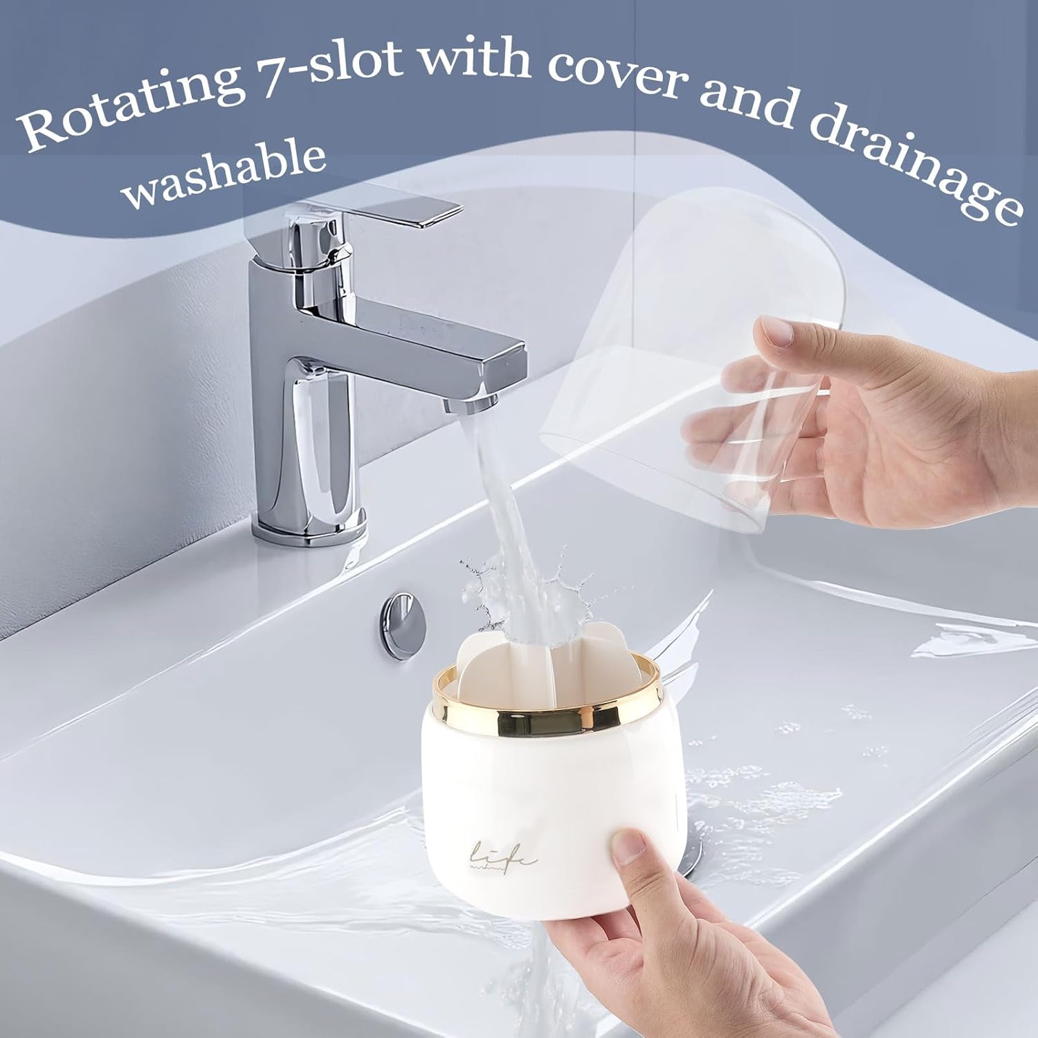 Toothbrush Holders for Bathrooms, 360° Rotating with Cover and Draining Water,Tooth Brush Toothpaste Holder Bathroom Counter Stand Sink Organizer Caddy for Vanity Makeup Brushes Holder