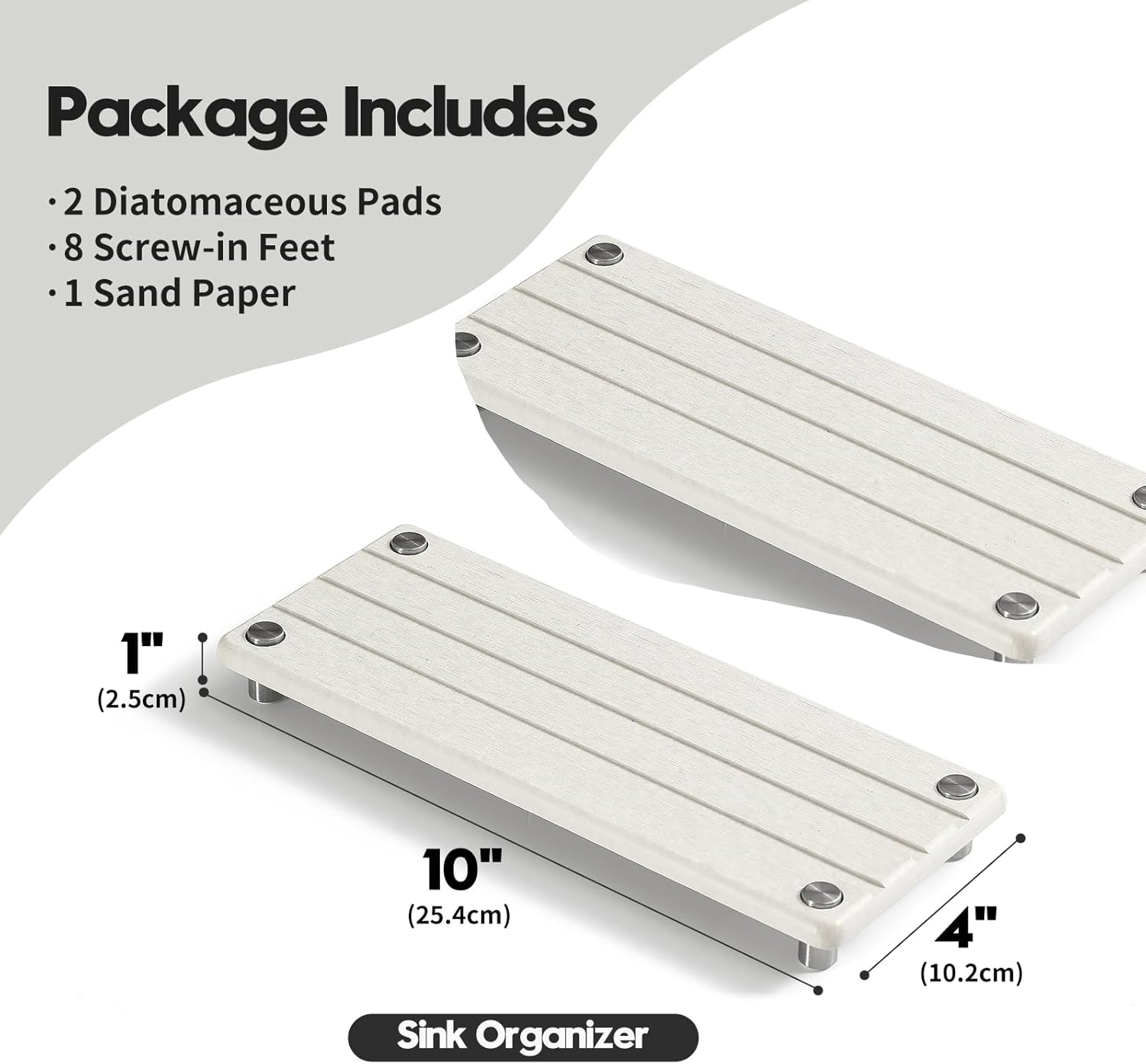 2 Pack Fast Drying Water Absorbing Diatomite Stone Mat Tray for Kitchen & Bathroom Counter - Instant Dry Sink Caddy Organizer - Vanity Holder for Soap and Sponge – Beige Gray 10" x 4"