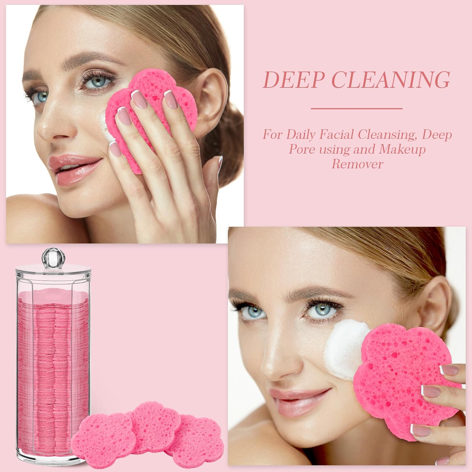 Sieral 120 Pcs Compressed Facial Sponges with Container Disposable Face Sponge Pads for Washing Face Cleansing Exfoliating Esthetician Makeup Removal(Flower,Pink)