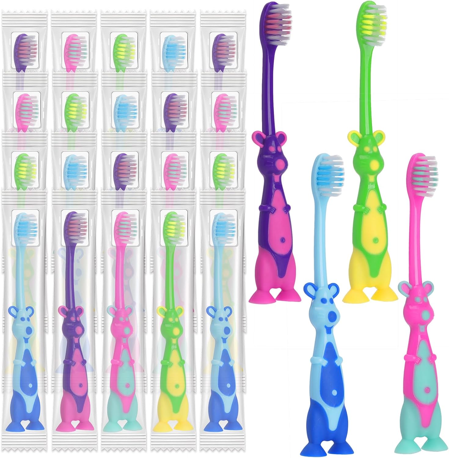 200 Pack Kids Toothbrush Bulk Soft Bristles Toddler Cute Toothbrush with Suction Cup, Includes Travel Covers, Individually Wrapped Toothbrushes for Kid Home School Daycare Camp (Kangaroo)