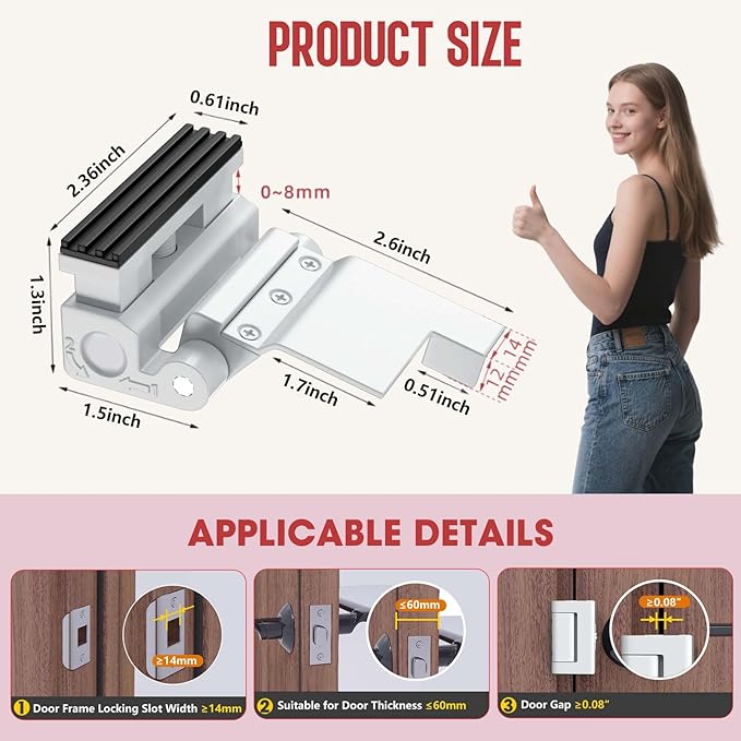 Portable Door Lock for Travel - No Drill Adjustable Latch, Hotel & Apartment Security, Child Proof Interior Defender for Inward Swinging Doors.(White-1PCS)