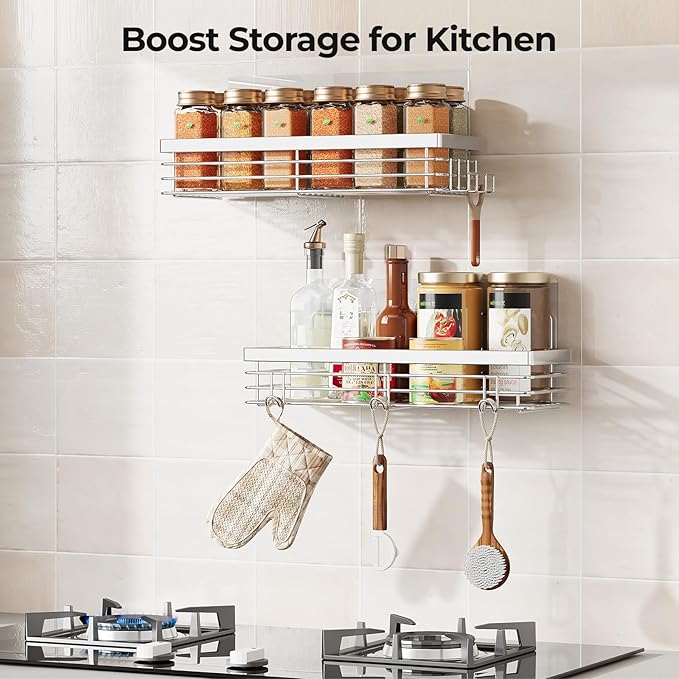 Orimade Shower Caddy with 5 Hooks Organizer for Hanging Razor and Sponge Bathroom Basket Adhesive Shower Shelf Storage Kitchen Rack Wall Mounted No Drilling Rustproof Stainless Steel - 2 Pack