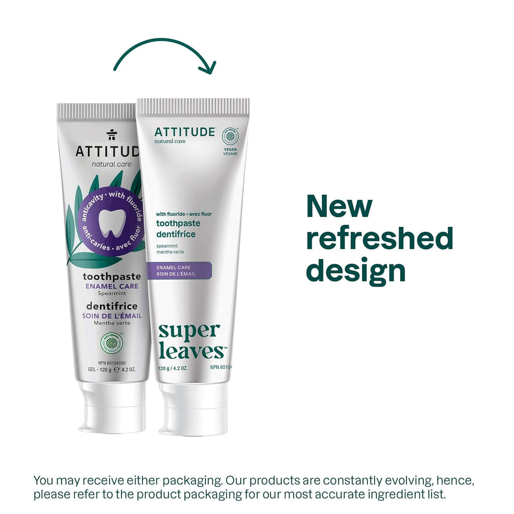 ATTITUDE Enamel Repair Toothpaste with Fluoride, Spearmint Flavor, Vegan & Cruelty-Free, Sugar-Free, Plant & Mineral-Based Ingredients, Clean Oral Care, 4.2 Oz