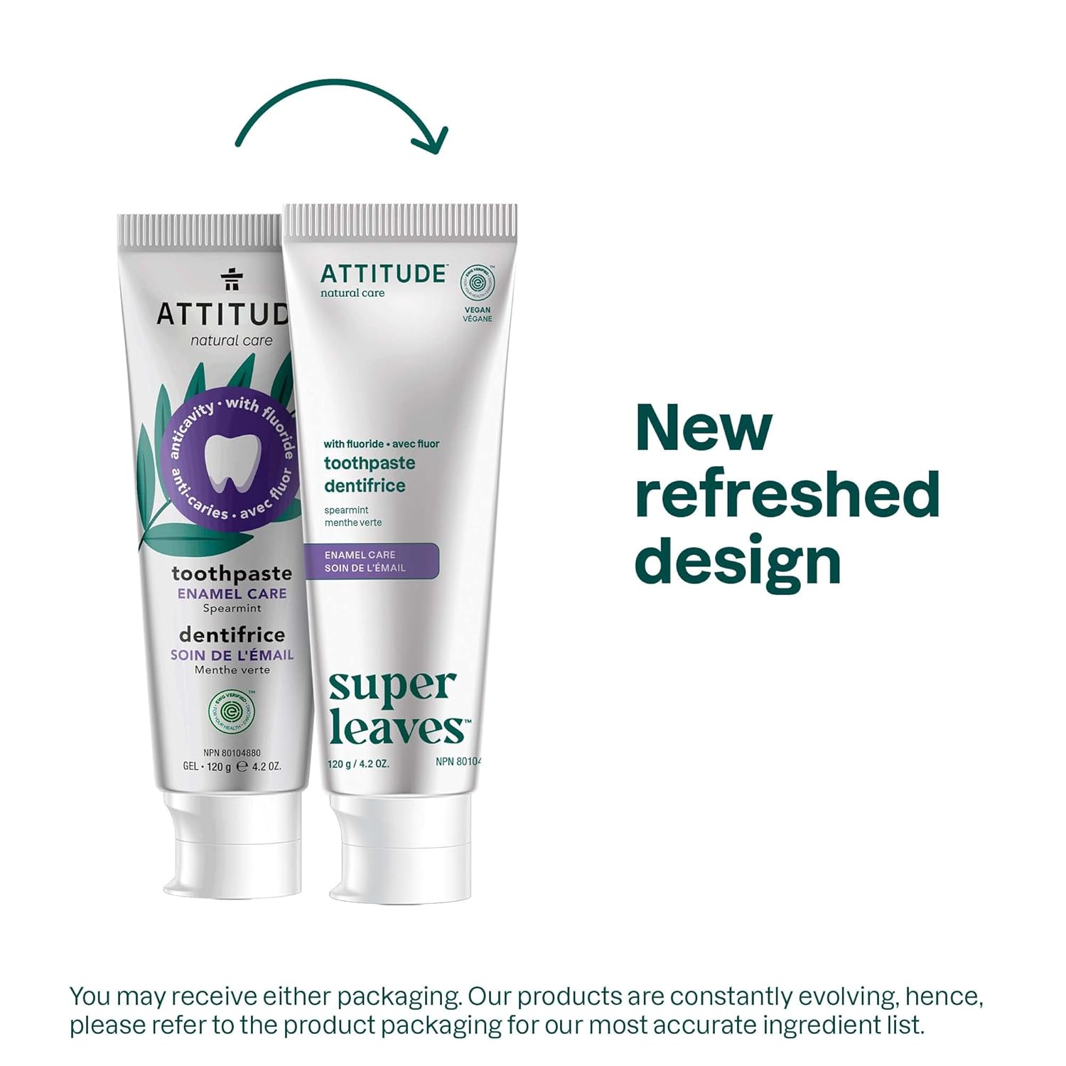 ATTITUDE Enamel Repair Toothpaste with Fluoride, Spearmint Flavor, Vegan & Cruelty-Free, Sugar-Free, Plant & Mineral-Based Ingredients, Clean Oral Care, 4.2 Oz