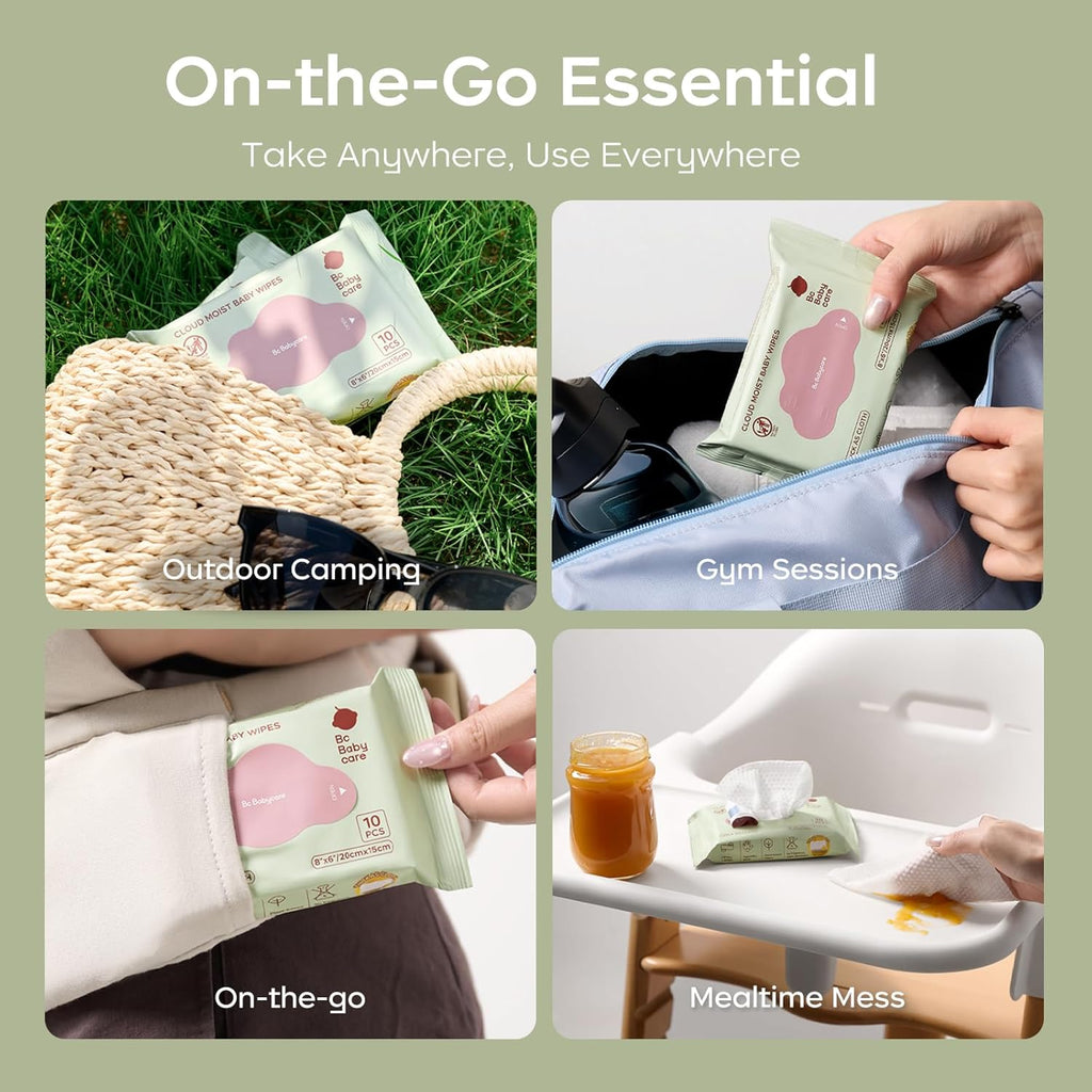 Bc Babycare Cloud Moist Baby Travel Wipes, 6 Pack, On The Go Pocket Size, Ultra Thick, 99% Water, Unscented, Hypoallergenic for Sensitive Skin, Biodegradable