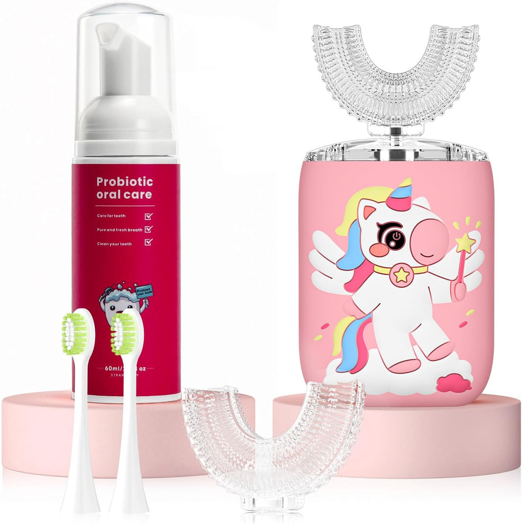 Kids Electric U Shaped Toothbrush Unicorn Rechargeable Sonic Toothbrush with 4 Soft Brush Heads with Kid Toothpaste IPX7 Waterproof - (Age 8-15, Pink)