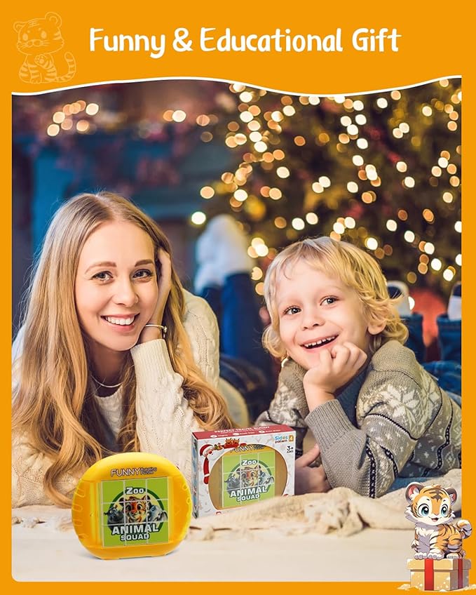 Rotating 3D Puzzle for Kids 3 4 5 6 7 Year Old, 4 Puzzles in 1, Handheld Game Fidget Toys for Travel, Cars & Plane, Fine Motor Skills Developing (Zoo Animal Squad)