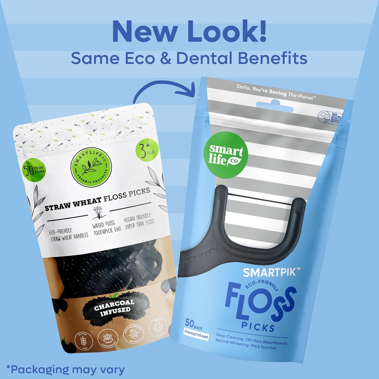 SmartLifeco Eco-Friendly Dental Floss Picks (100ct) - Flossers Made with Straw Wheat Blend, Natural Teeth Whitening, Tooth Pick Stick for Adults, Soft on Gums, Activated Bamboo Charcoal Floss Thread
