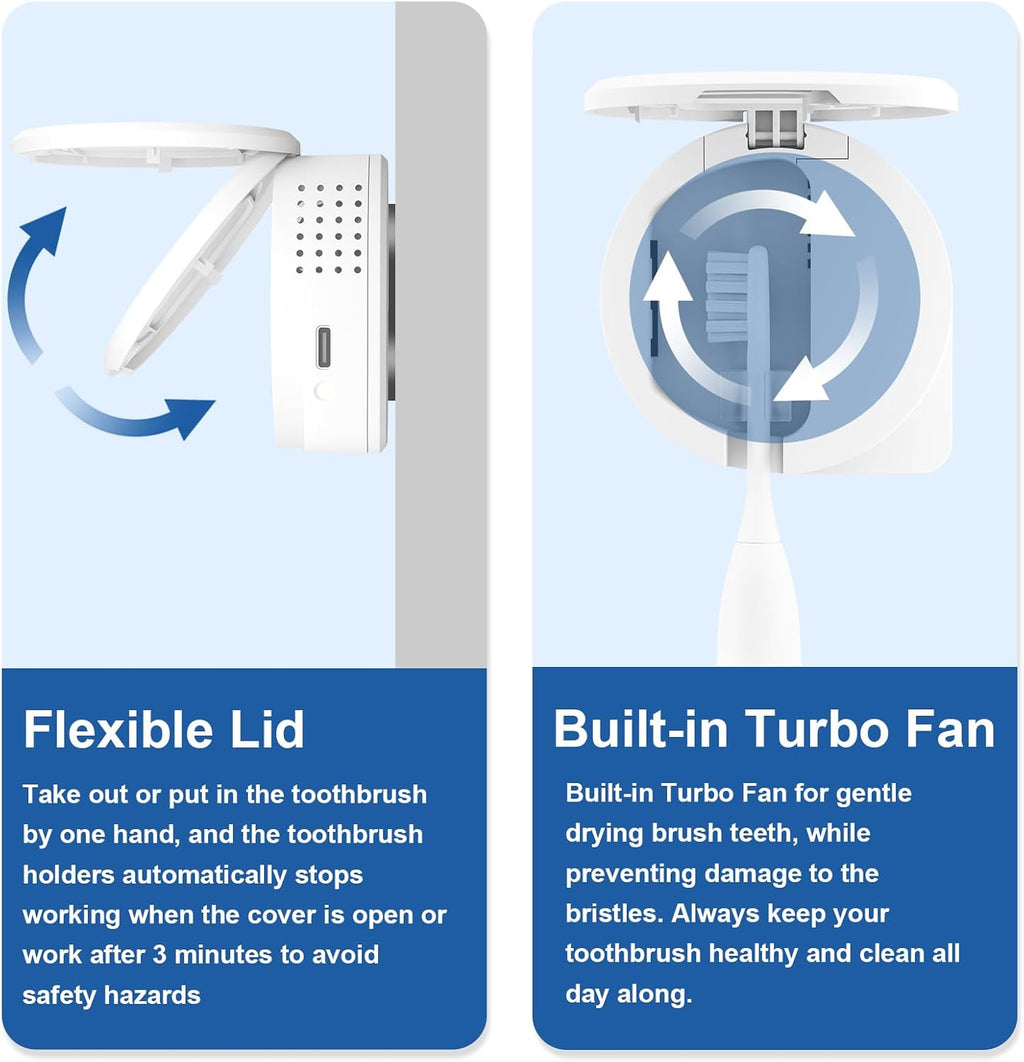 UV Toothbrush Sanitizer Holder, Toothbrush Sanitizer and Holder Cover Caps with Fan Drying, Rechargeable Portable Toothbrush Cleaner Case Fits Most Electric and Manual Toothbrushes (White)