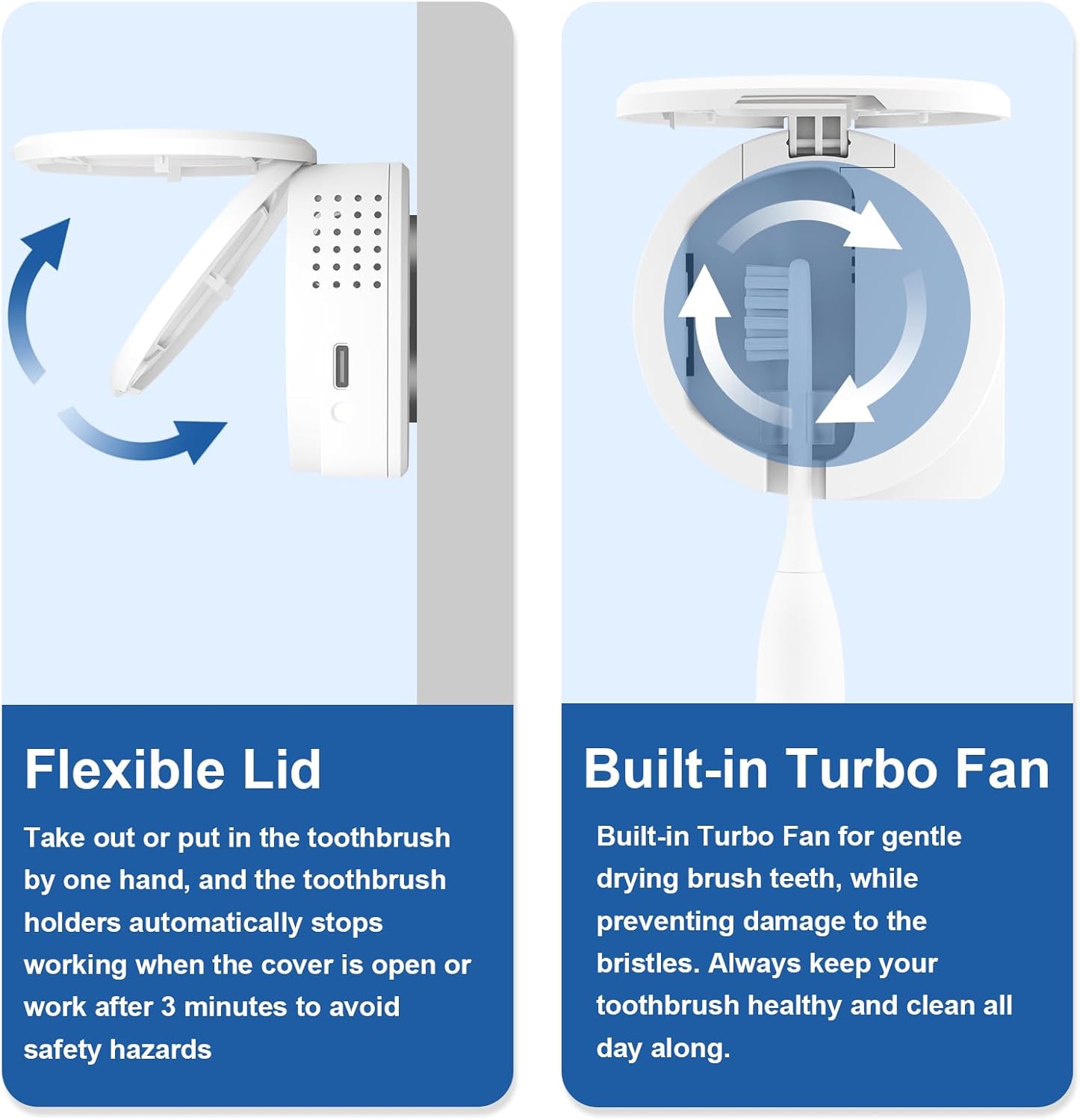 UV Toothbrush Sanitizer Holder, Toothbrush Sanitizer and Holder Cover Caps with Fan Drying, Rechargeable Portable Toothbrush Cleaner Case Fits Most Electric and Manual Toothbrushes (White)