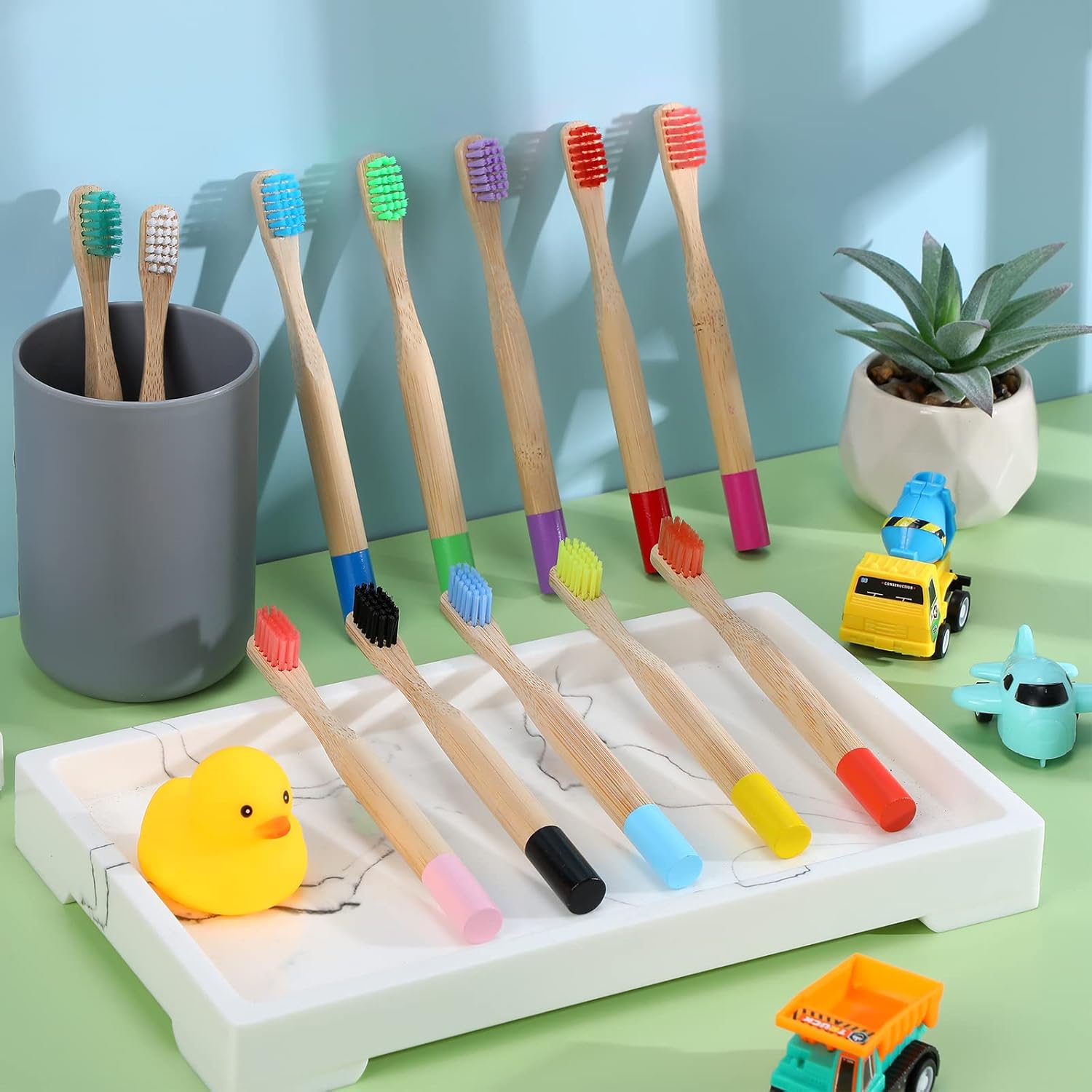 24 Pcs Kids Bamboo Toothbrushes Soft Bristle Toddler Toothbrush BPA Free Wooden Travel Toothbrushes for Kids Children Home Travel School, 5.7 Inches, Individually Wrapped