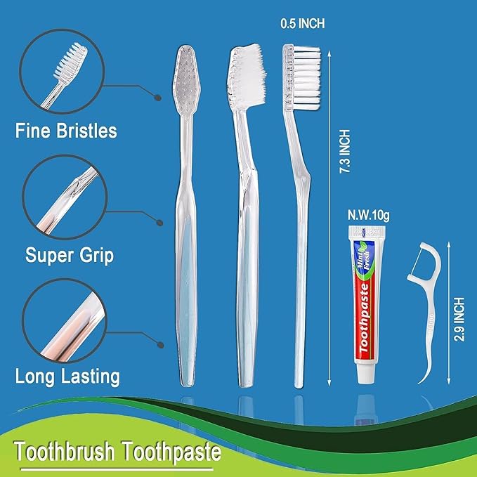 200 Pack Disposable Toothbrushes with Toothpaste Floss Individually Wrapped, 2 Color Toothbrush,10g Toothpaste,Floss Pick,Bulk Toothbrush Kit for Homeless,Airbnb,Hotel,Guest