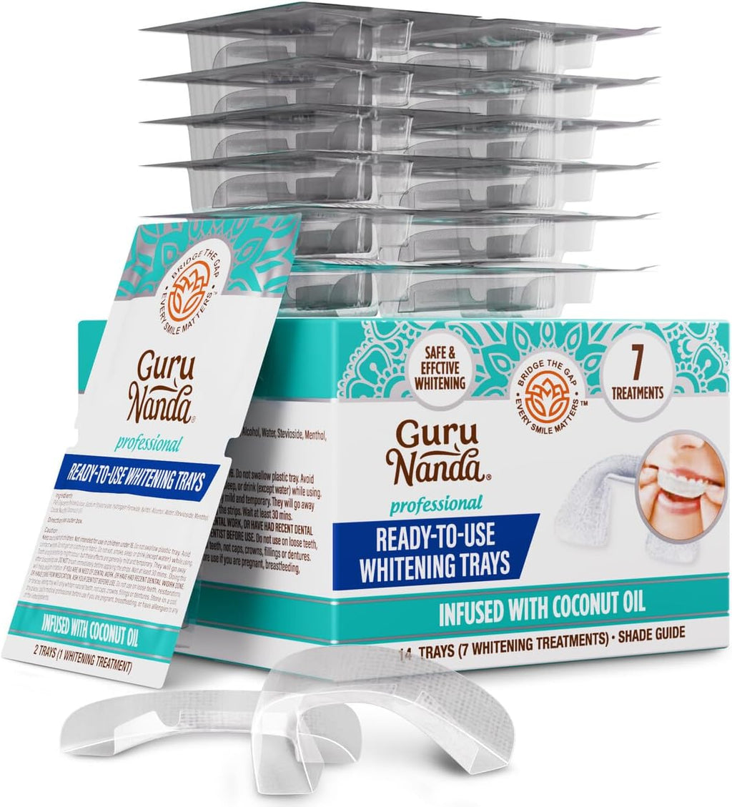 GuruNanda Ready-to-Use Prefilled Whitening Trays (7 Treatments) with 8% Hydrogen Peroxide to Remove Surface Stains, Fast & Easy Teeth Whitening for Sensitive Smiles
