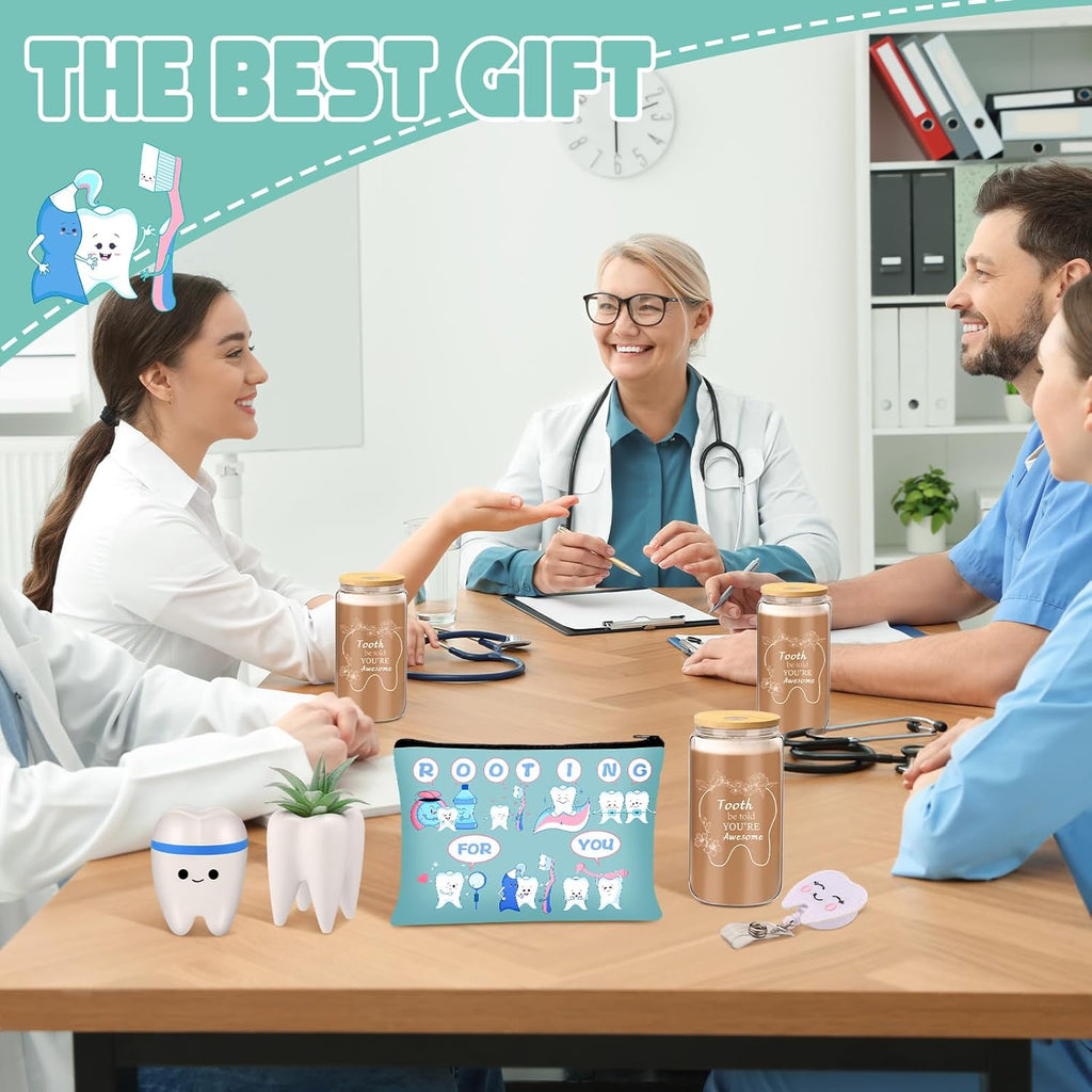 Pickmesh 6 Pcs Dental Gifts Dentist Assistant Hygienist Gifts 16 oz Glass Cups with Lid Makeup Bag Socks Badge Holder Tooth Brush Pot for Women Coworkers Doctor Nurse Christmas Accessories(Blue)