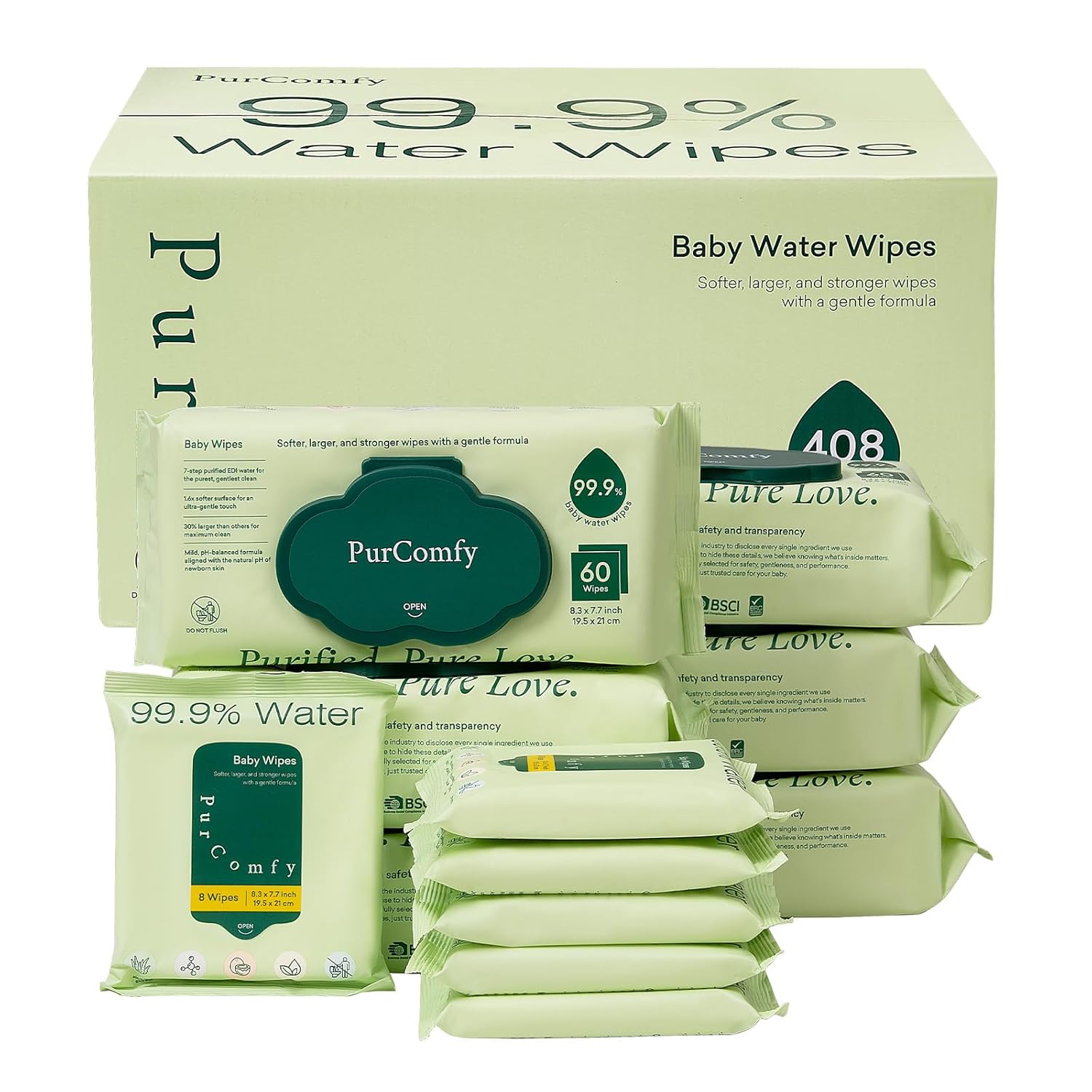 PurComfy Baby Wipes Unscented, 6 Flip-Top Packs + 6 Travel Pack 99.9% Water Wipes with Plant Based, Hypoallergenic for Sensitive Newborn Skin, Total 408 Count Wet Wipes