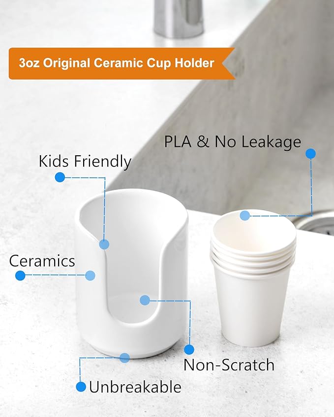 3 oz Original Ceramic Bathroom Cup Dispenser with 5 PLA Paper Cups, Bathroom Essential Accessories for Mouthwash Holder on Vanity Countertops (1 Pack, White)