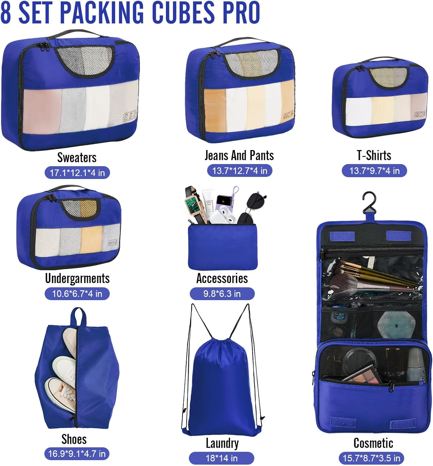 Veken 8 Set Packing Cubes for Travel Essentials, Suitcase Organizer Bags in 4 Sizes, Carry-On Luggage Accessories with Large Laundry & Hanging Toiletry Bag, Must-Have for Airplane, Road Trip & Camping
