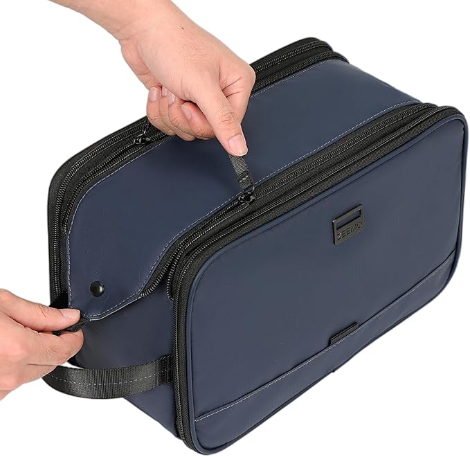 ZEEMO Travel Toiletry Bag for Men, Medium Water-Resistant Double-Sided Full-Open Dopp Kit, Versatile Organizer for Shower and Hygiene Accessories, Bathroom Essentials, Cosmetics, Large, Blue