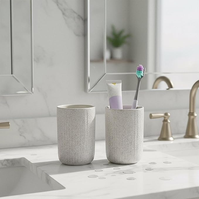 Toothbrush Holders for Bathrooms, 3 Cups Ceramic Tooth Brush Holders Set, Beige Bathroom Tumbler Cups Reusable Toothbrush Mouthwash Cup for Bathroom Counter Organizer