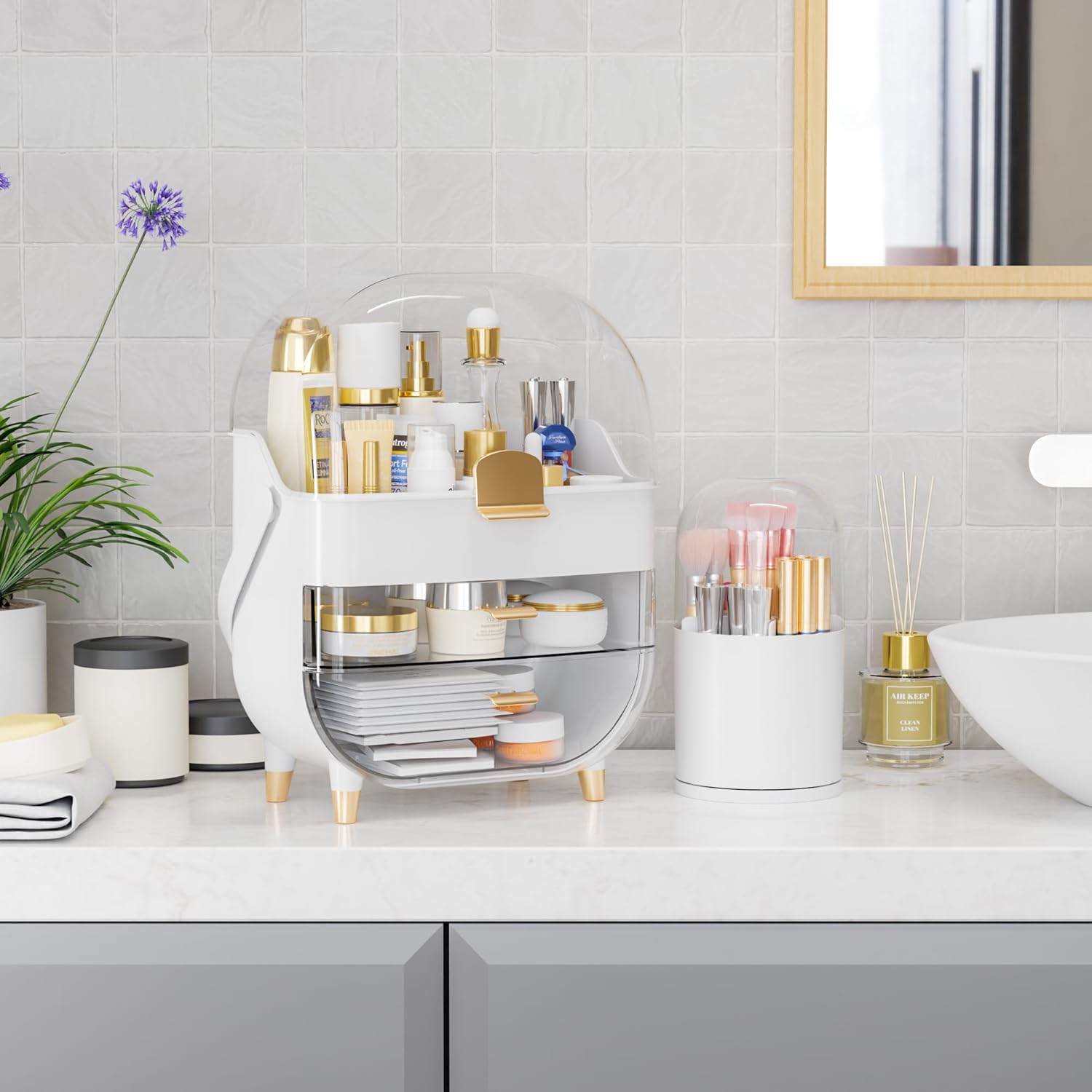 Yieach Countertop Makeup Organizer for Vanity,Large Capacity Skincare Organizers With Drawers and Makeup Brush Holder,Cosmetic Display Cases with Clear Cover for Bathroom,Dresser,Beauty Product,White