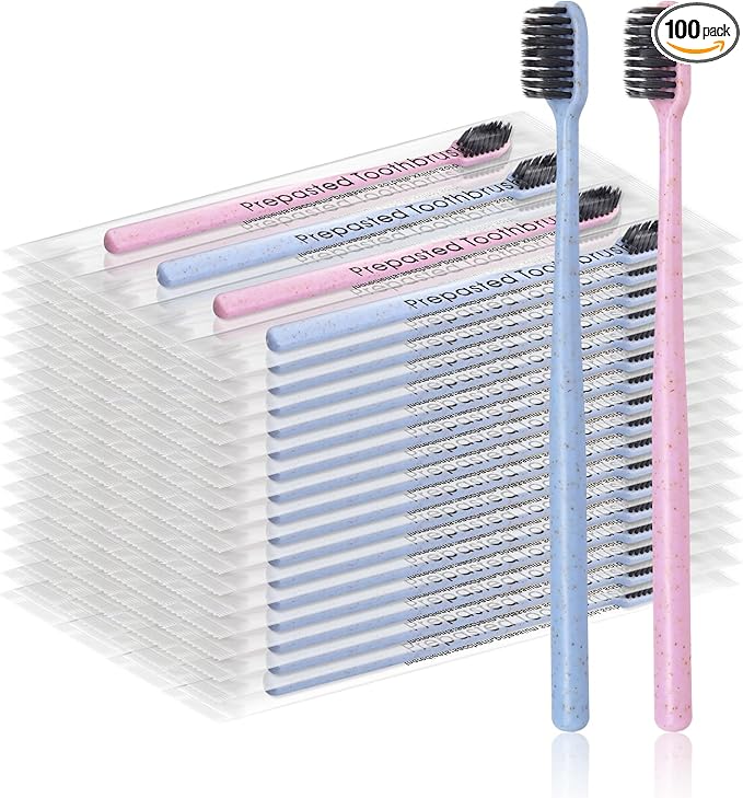 100Pcs Prepasted Disposable Toothbrushes Bulk Individually Wrapped Pre Pasted Soft Bristle Tooth Brush Set Travel Colorful Toothbrushes for Homeless Gift Hotel Camping Travel