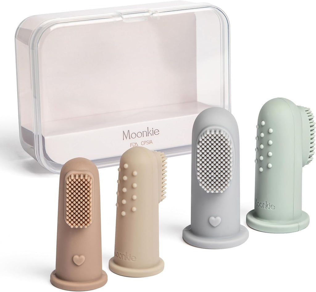 Moonkie Baby Toothbrush Finger Toothbrush Oral Cleaner Kit for 3 Months +, 4 Pcs Small (Sand/Warm Taupe)/Large (Blue/Mint)