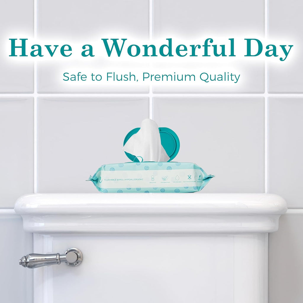 WONDERFUL Flushable Wipes, Mint 100% Plant-Based Wet Wipes for Adults & Kids, Sewer & Septic Safe, Gentle for Sensitive Skin, Wipes Flushable Pack for Bathroom & Travel, 3-Pack (180 Counts)