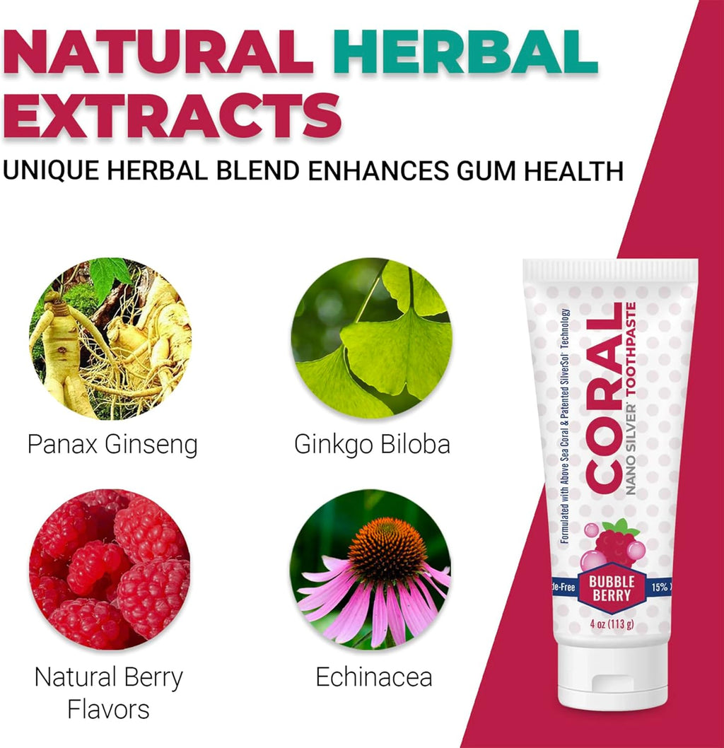 Coral Nano Silver Bubble Berry Kids Toothpaste, Natural Fluoride Free Teeth Whitening Toothpaste, Coral Calcium Nano Silver Infused SLS Free - 4 Ounces (4 Pack)