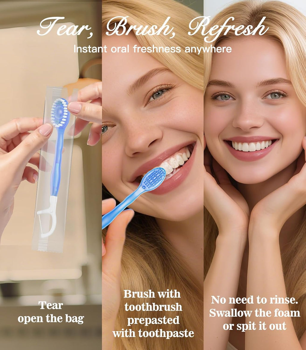 12 Pack 5-in-1 Disposable Mini Toothbrush with Toothpaste + Floss + Pick + Tongue Scraper for Work/Camping/Travel, Travel Toothbrush Set for Kids Adults, Individually Wrapped, Mint Flavor