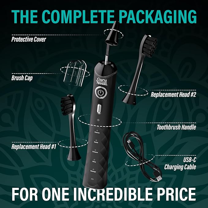 GuruNanda Pressure Sonic 2.0 Electric Toothbrush with Butter On Gums Bristles – Smart Pressure Sensor, 5 Modes, 2-Min Timer, 55-Day Rechargeable Battery, IPX7 Waterproof, Black