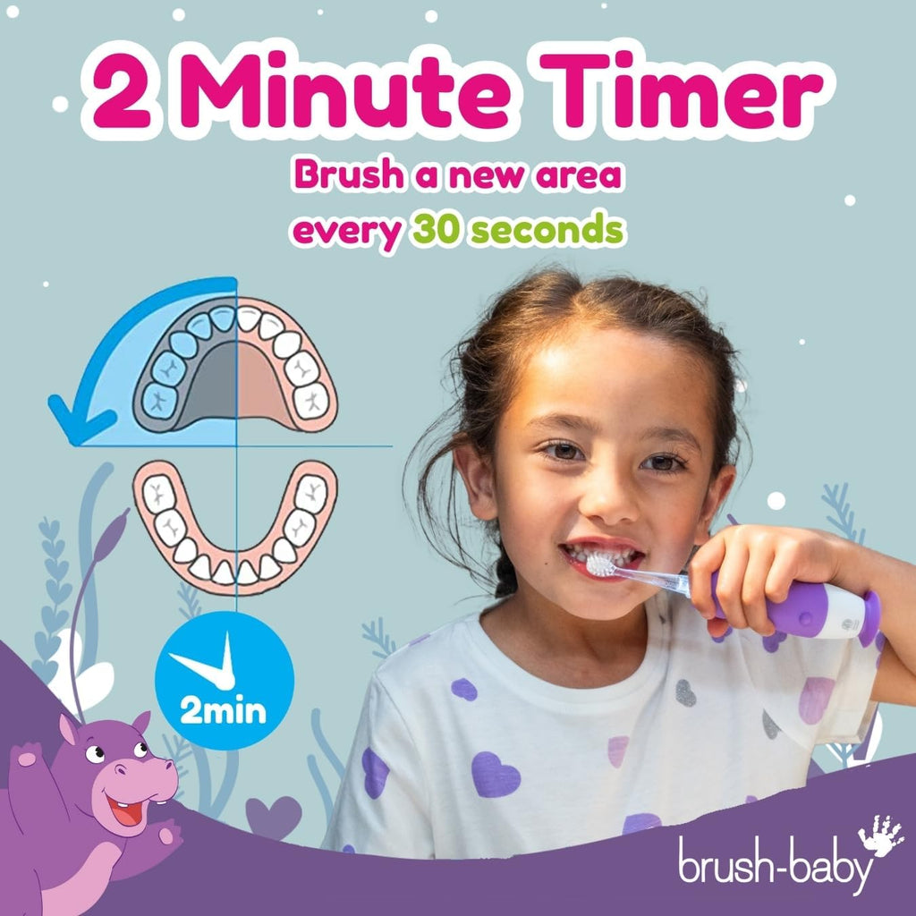 BrushBaby - WildOnes - Kids Rechargeable Electric Toothbrush, Ages 0-10 - Holly Hippo Design with Flashing Lights - DeepClean Bristles for Superior Cleaning - 2 Replacement Brush Heads, 1 USB Cable