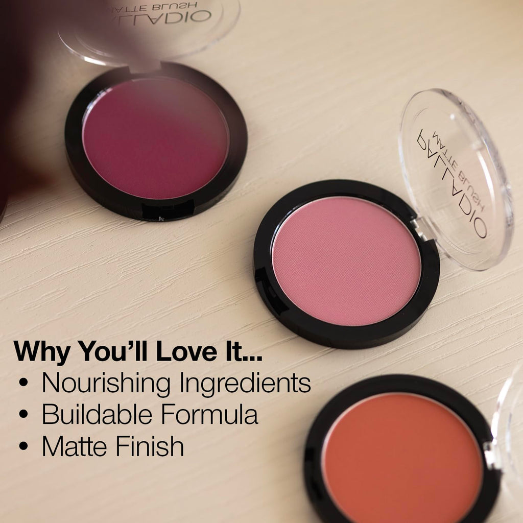 Palladio Matte Blush, Brushes onto Cheeks Smoothly, Soft Matte Look and Even Finish, Flawless Velvety Coverage, Effortless Blending Makeup, Flatters the Face, Convenient Compact, Poised