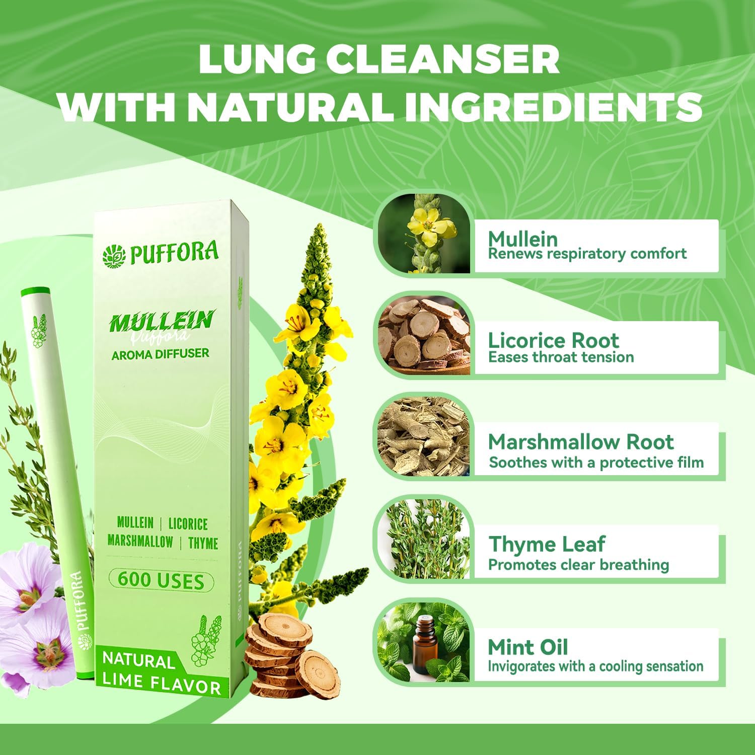 Herbal Diffuser Pen, Supports Lung Rest & Wellness, Breathing and Oral Air Freshening, Plant Based-Mullein, Licorice Root, Marshmallow Root, Thyme Leaf, Mint Oil, Natural Alternative - 600 Uses