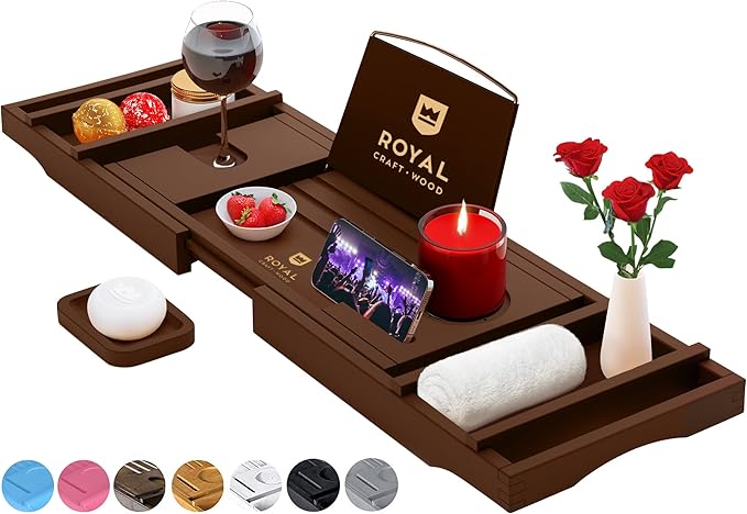ROYAL CRAFT WOOD Non-Foldable Bathtub Tray - Wood Bath Tray for Tub, Bamboo Bathtub Shelf, Expandable Bath Table Trays, Luxury Bathroom Accessories for New Home & Unique Gift for Women