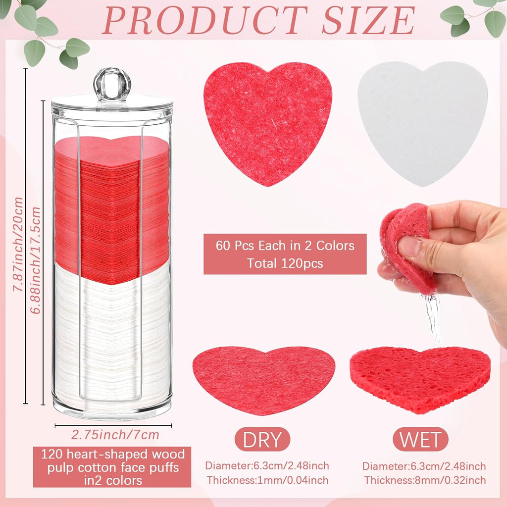 Sieral 120 Pcs Compressed Facial Sponges with Container Disposable Face Sponge Pads for Washing Face Cleansing Exfoliating Esthetician Makeup Removal (Heart,Red, White)
