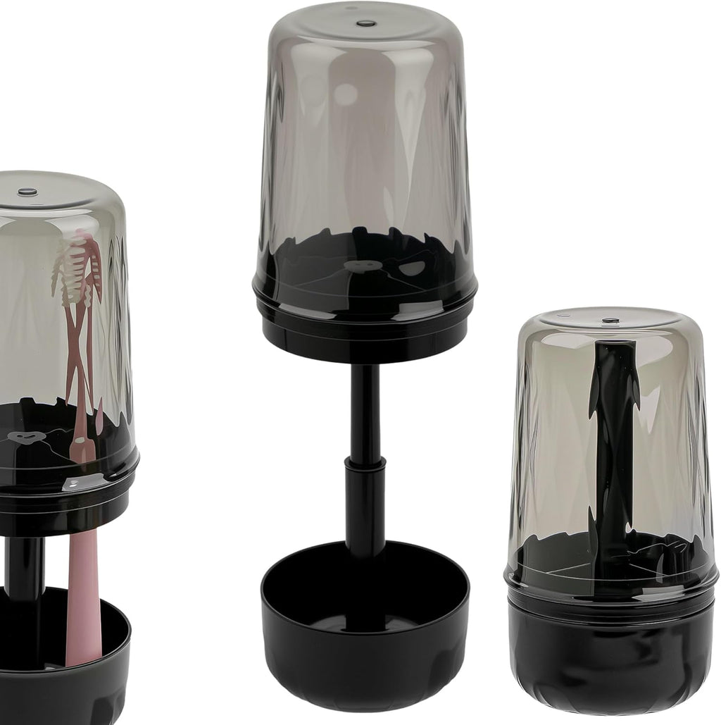 Toothbrush Holder Stand with Cup/Cover, Adjustable Height Toothbrush Organizer with 3 Slots, Portable for Bathroom, Travel, Camping (Black)