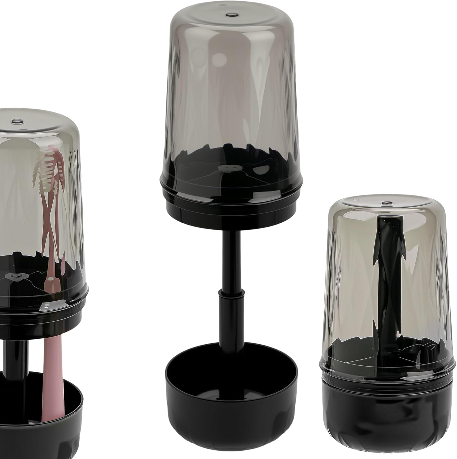 Toothbrush Holder Stand with Cup/Cover, Adjustable Height Toothbrush Organizer with 3 Slots, Portable for Bathroom, Travel, Camping (Black)