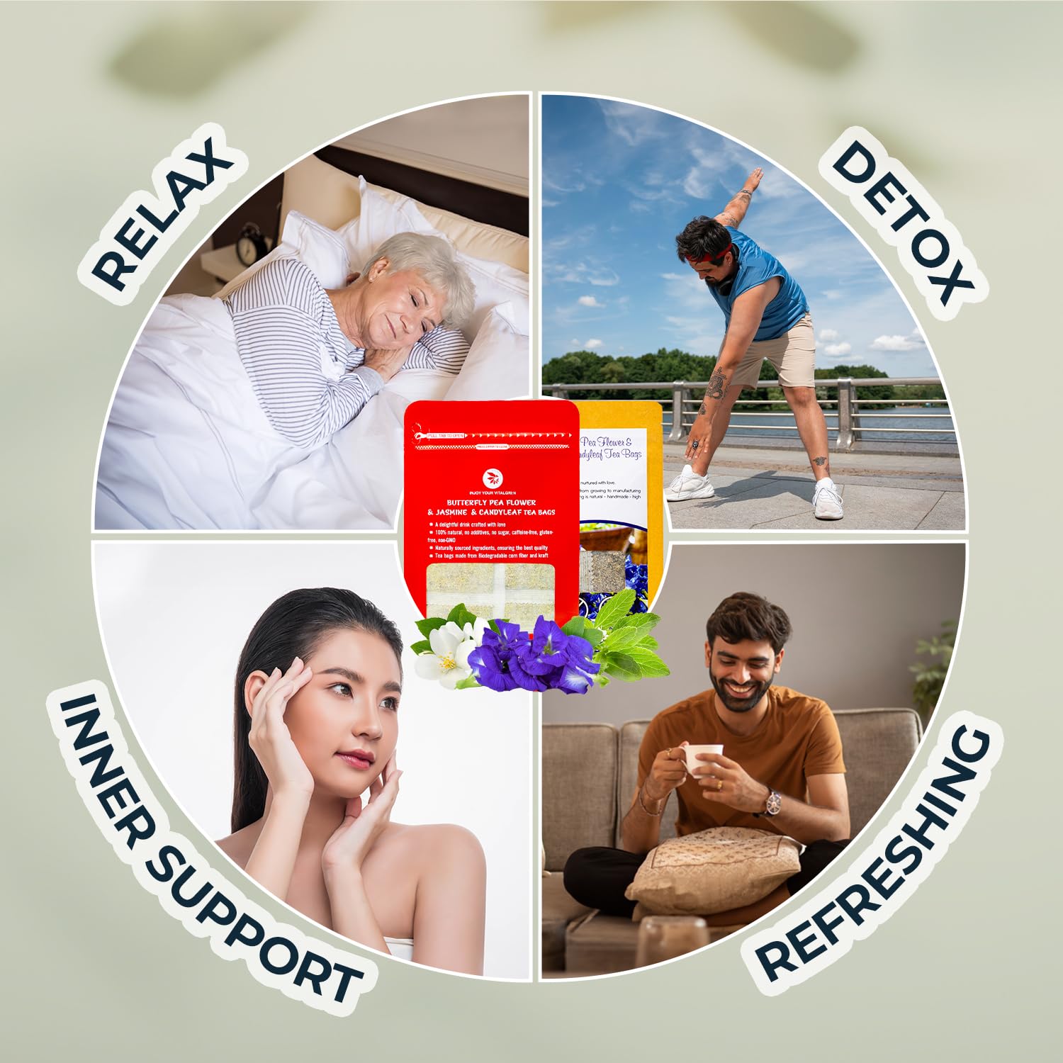 Butterfly Pea Flower Tea Samplers with Jasmine & Stevia - 15 Count, Mini Tea Bags, Bamboo Tong Included, No Sugar Added, Re-Steep Natural Herbal Tea Blend for Skin,Support