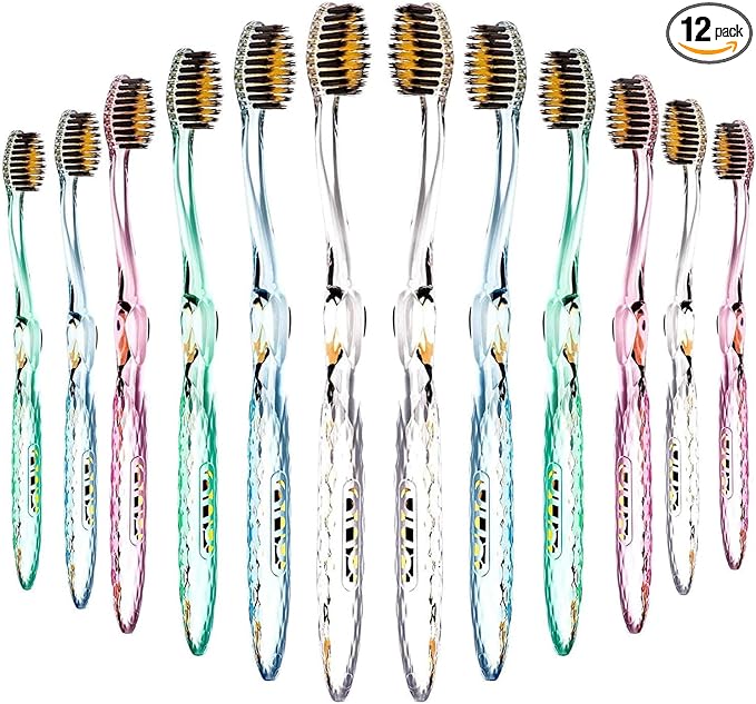 Nano-b Manual Toothbrush Set for Adults with Sensitive Gums, Gold & Charcoal Soft/Medium Bristles, Travel Cases, Blue, Pink, Green, Crystal, 12-Pack