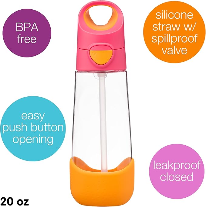 b.box 20oz Tritan Kids Water Bottle –Toddler Drink Bottle with Straw for School, Daycare, Travel w/Easy-Grip Triangular Design, Leak Proof Lid & Handle, BPA Free, Dishwasher Safe (Strawberry Shake)
