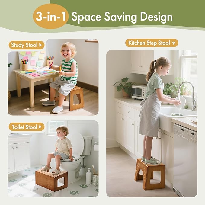 AmazerBath Toddler Toilet Step Stool, 3-in-1 Bamboo Toilet Squat Stool for Adults, 0.59" Thickness One Step Non-Slip Baby & Kids Potty Poop Stool for Bathroom Sink, Counter, Bedroom, Closet, 9"