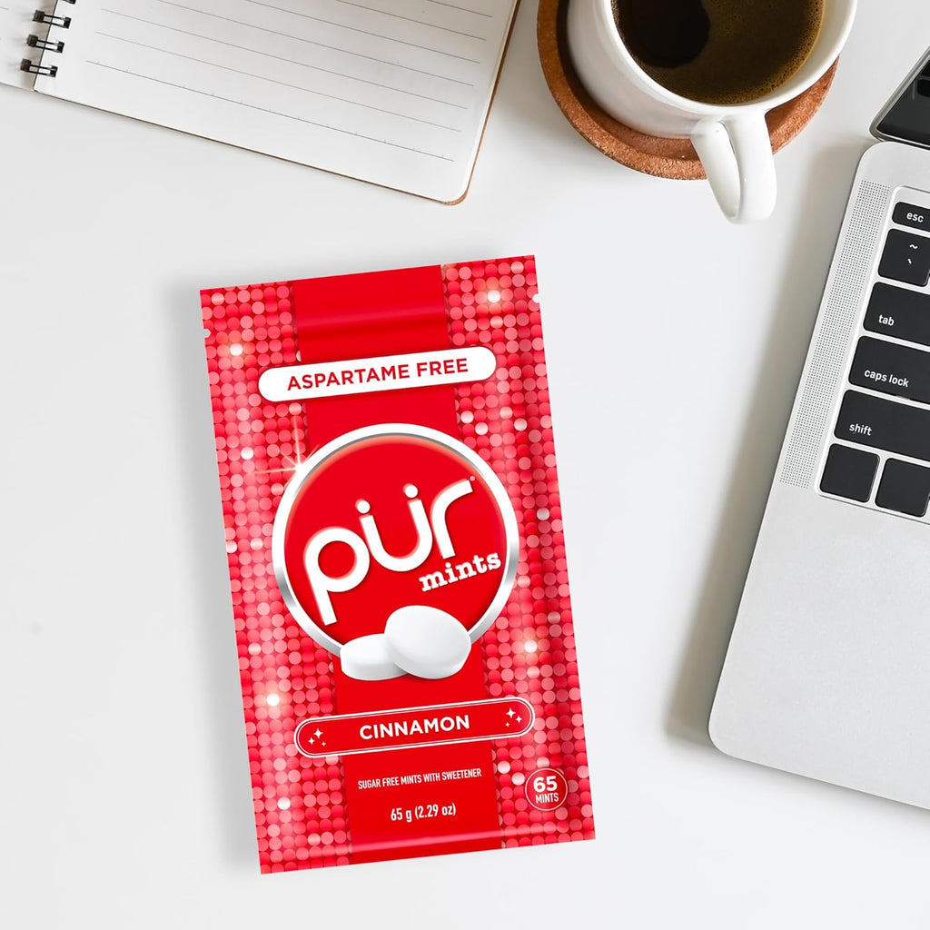 PUR Mints | Aspartame Free Breath Mints | Made with Xylitol | Sugar Free, Vegan, Gluten Free | Natural Cinnamon Flavor | 65 Pieces in Re-Sealable pouch (Pack of 1)