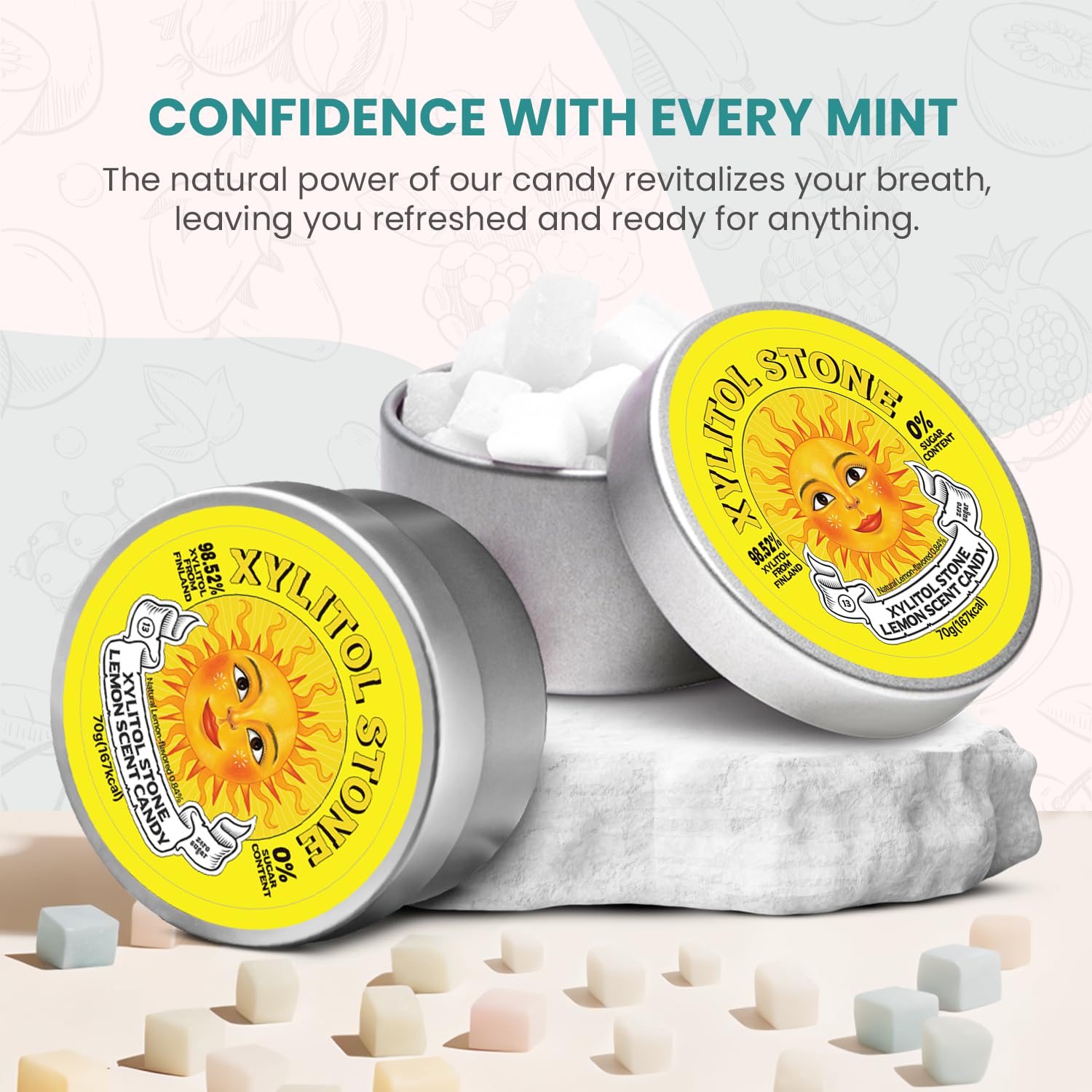 Xylitol Stone Sugar Free Candy - Vegan & Keto Friendly Unique Hard Candy Sugar-Free - 100% Natural Flavor Candies - Gluten Free & Non-GMO Breath Freshener Low Calorie Mints - Lemon (Pack of 2)